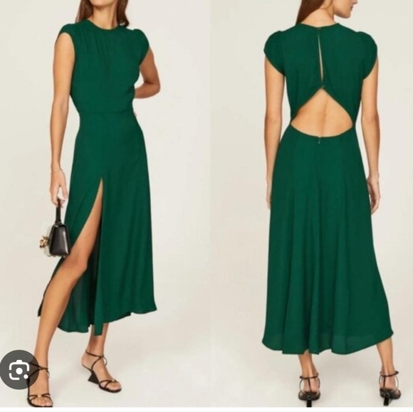 Reformation Gavin Emerald Green Dress Open Back Cap Sleeve Slit Midi Size 12 - Picture 16 of 16